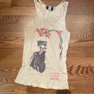 Size Large Graphic Cream Ribbed Tank Top.